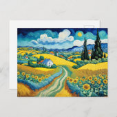 Scenic Country Path Through Sunflower Fields シーズンポストカード (正面/裏面)