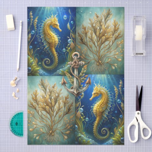 Scenic Ocean Seaweed, Seahorses & Anchor Decoupage 薄葉紙 (クラフト)