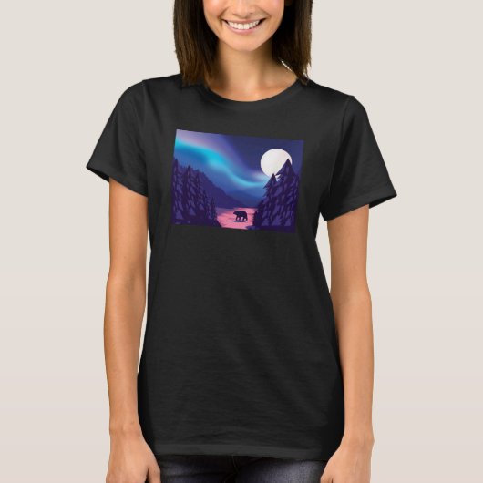 Scenic Polar Bear Silhouette With Moon and Aurora  Tシャツ (正面)