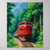 Scenic Red Locomotive Train Mountain Forest ポスター (正面)