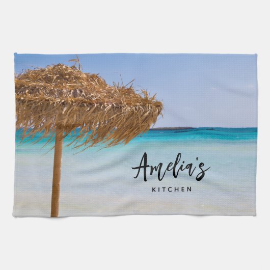 Scenic Tropical Beach with Straw Umbrella キッチンタオル (横)