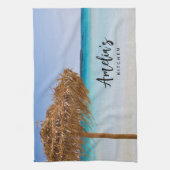 Scenic Tropical Beach with Straw Umbrella キッチンタオル (縦)
