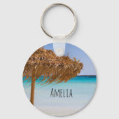 Scenic Tropical Beach with Straw Umbrella キーホルダー (裏面)