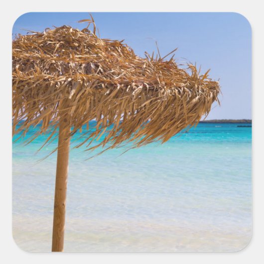 Scenic Tropical Beach with Straw Umbrella スクエアシール (正面)