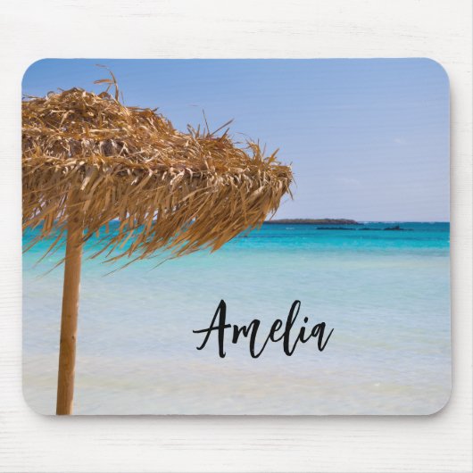 Scenic Tropical Beach with Straw Umbrella マウスパッド (正面)