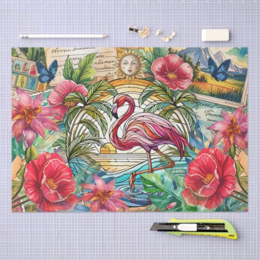 Scenic Tropical Stained Glass Flamingo Decoupage 薄葉紙 (クラフト)