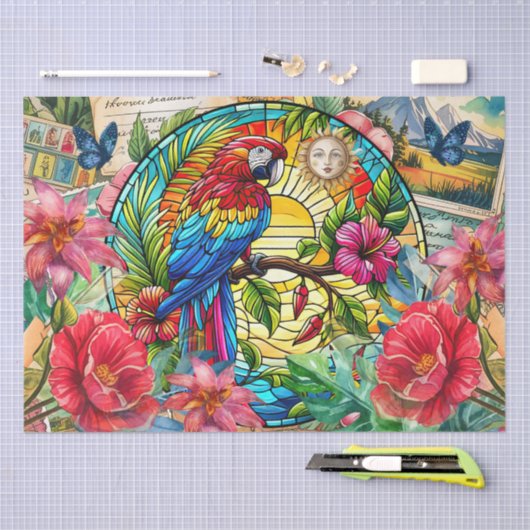 Scenic Tropical Stained Glass Red Macaw Decoupage 薄葉紙 (クラフト)