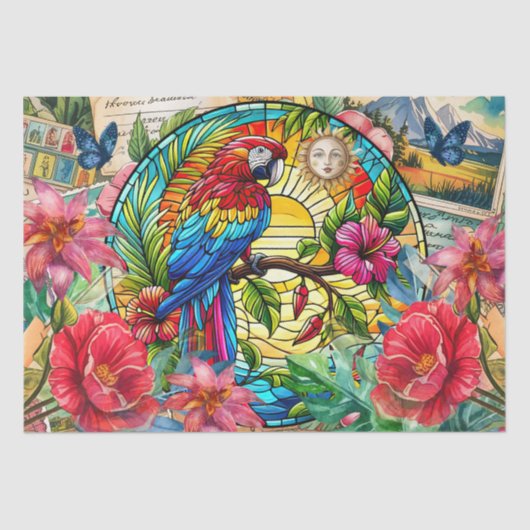 Scenic Tropical Stained Glass Red Macaw Decoupage 薄葉紙 (正面)