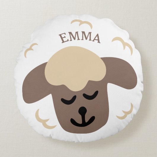  Schaf weiß braun personalisierbares Kinderkissen ラウンドクッション (正面)