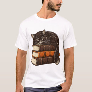 Schlafende Katze auf Büchern – Halloween Tシャツ