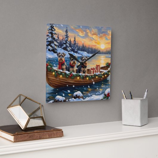 Schnauzer Christmas Boat Holiday スクエア壁時計 (オフィス)