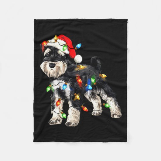 Schnauzer Christmas Dog Christmas Lights Santa Hat フリースブランケット (正面)