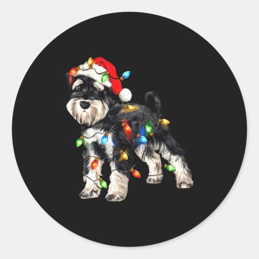 Schnauzer Christmas Dog Christmas Lights Santa Hat ラウンドシール (正面)