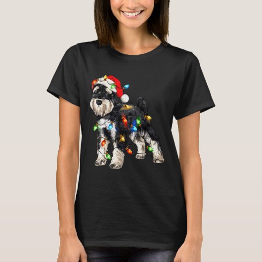 Schnauzer Christmas Dog Christmas Lights Santa Hat Tシャツ (正面)