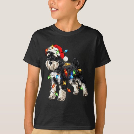 Schnauzer Christmas Dog Christmas Lights Santa Hat Tシャツ (正面)
