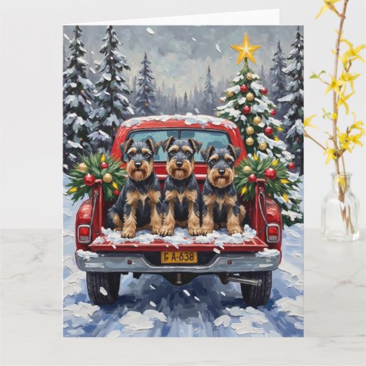 Schnauzer Christmas Red Truck Holiday カード (黄色い花)