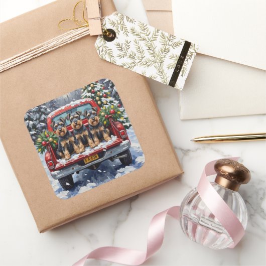 Schnauzer Christmas Red Truck Holiday スクエアシール (ギフト)