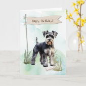 Schnauzer Dog Breed Outdoors Under Birthday Sign カード (黄色い花)