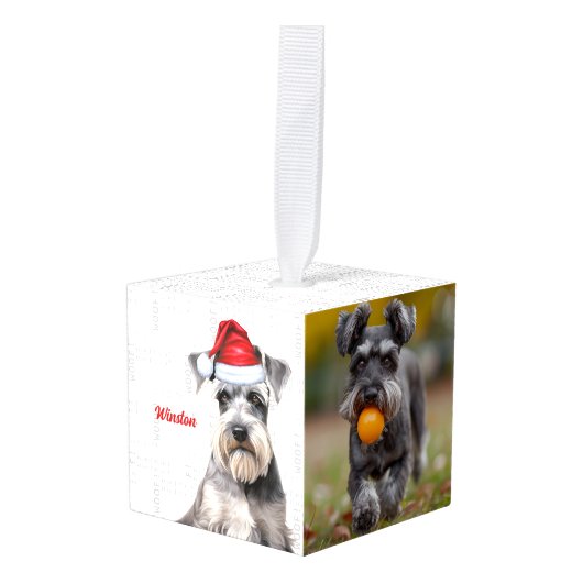 Schnauzer Dog Two Photo Christmas Holiday キューブオーナメント (正面アングル)