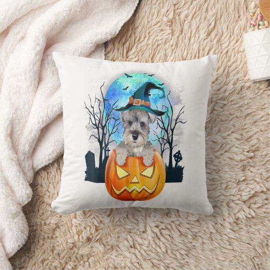 Schnauzer Dog Witch Hat Halloween Pumpkin Gift クッション (ブランケット)
