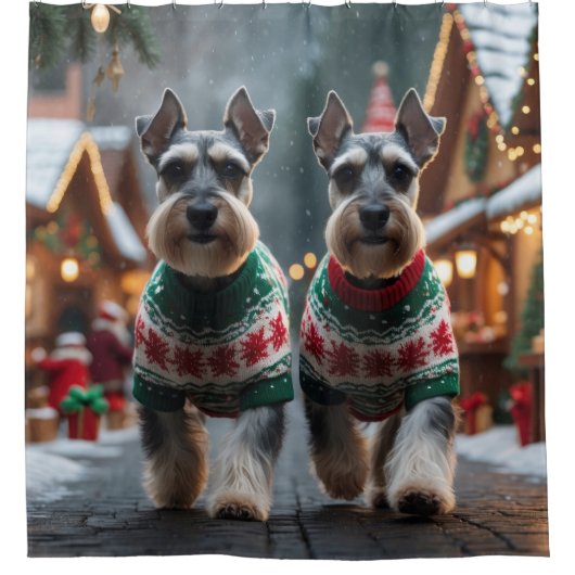 Schnauzer Dogs Christmas Snow Holiday  シャワーカーテン (正面)
