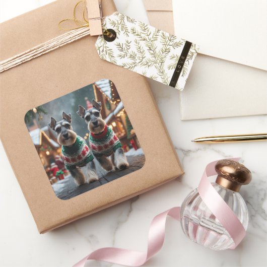 Schnauzer Dogs Christmas Snow Holiday  スクエアシール (ギフト)