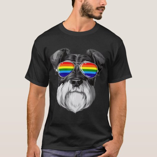 Schnauzer Gay Pride Flag LGBT Rainbow Sunglasses f Tシャツ (正面)