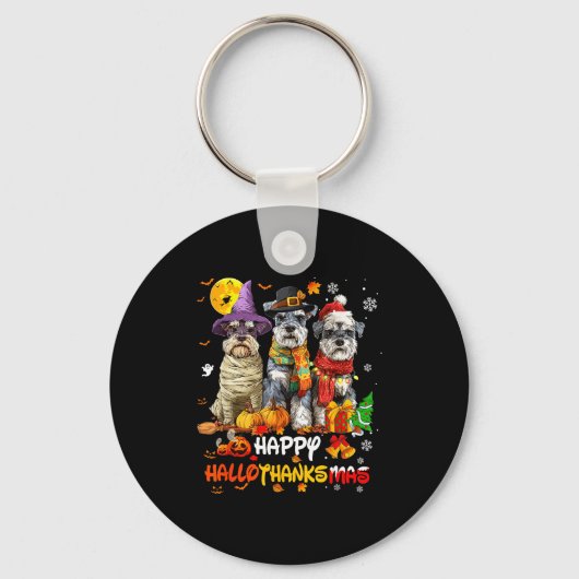 Schnauzer Happy Hallothanksmas Dog Lover Christmas キーホルダー (正面)