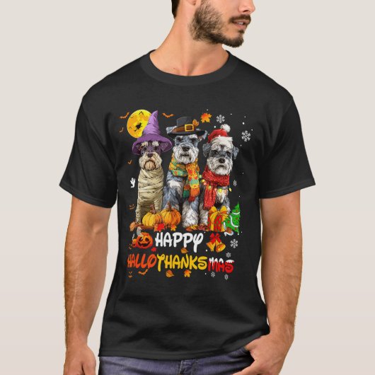 Schnauzer Happy Hallothanksmas Dog Lover Christmas Tシャツ (正面)