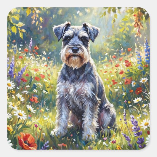 Schnauzer in Wildflower Meadow スクエアシール (正面)