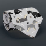 Schnauzer Paws and Bones Neck Tie ネクタイ<br><div class="desc">Cute Schnauzer dogs in black,  salt and pepper and black and silver coats sit,  stand and rollover with scattered dog bones and paw prints on a light gray background.</div>