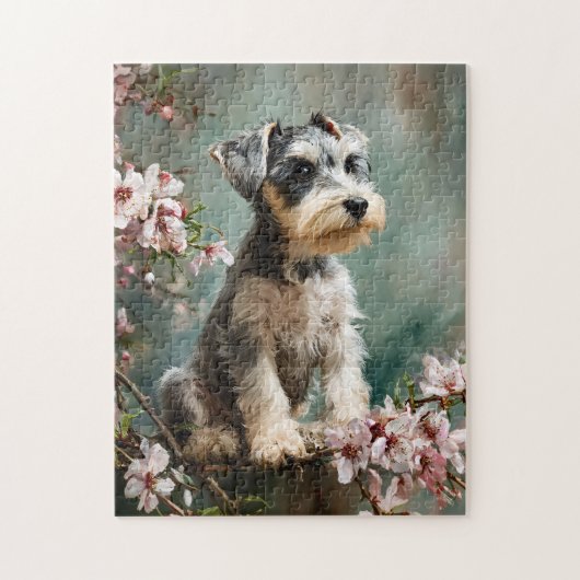 Schnauzer Puppy Among Spring Cherry Blossoms ジグソーパズル (縦)