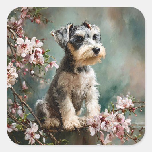 Schnauzer Puppy Among Spring Cherry Blossoms スクエアシール (正面)