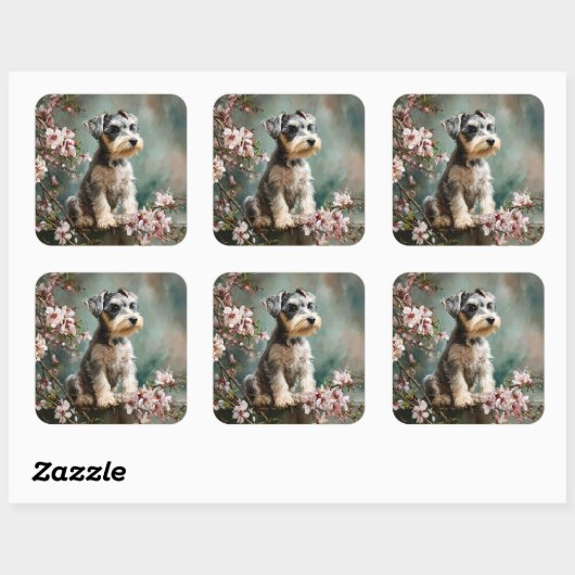 Schnauzer Puppy Among Spring Cherry Blossoms スクエアシール (シート)