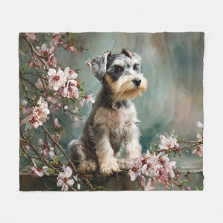 Schnauzer Puppy Among Spring Cherry Blossoms フリースブランケット