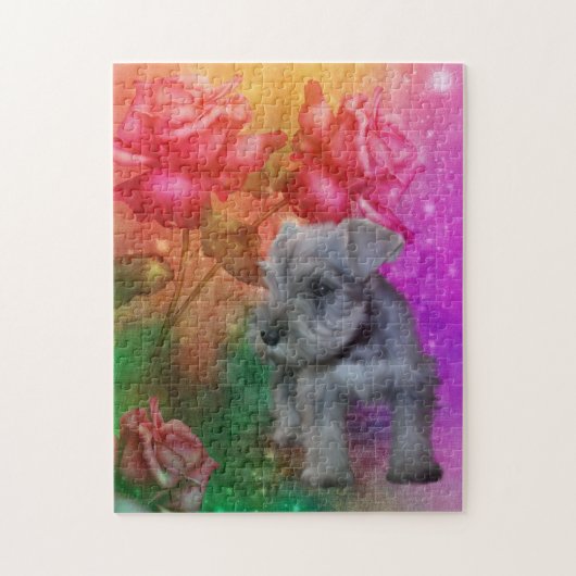 Schnauzer Puppy Fantasy Roses Dog Art ジグソーパズル (縦)