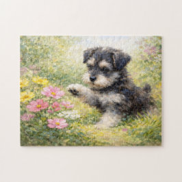 Schnauzer Puppy Springtime Flowers ジグソーパズル