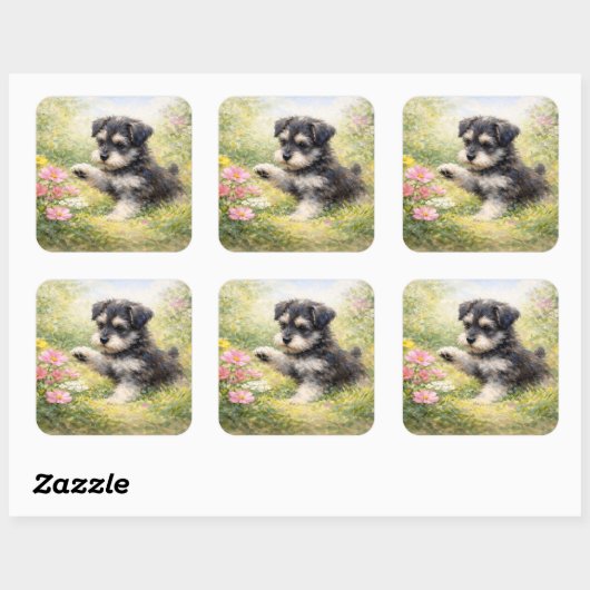 Schnauzer Puppy Springtime Flowers スクエアシール (シート)