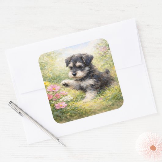 Schnauzer Puppy Springtime Flowers スクエアシール (封筒)