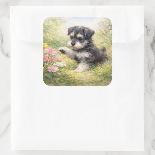 Schnauzer Puppy Springtime Flowers スクエアシール (バッグ)