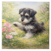 Schnauzer Puppy Springtime Flowers タイル (正面)