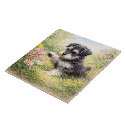 Schnauzer Puppy Springtime Flowers タイル (側面)