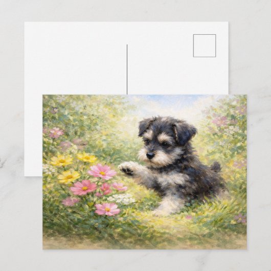 Schnauzer Puppy Springtime Flowers ポストカード (正面/裏面)