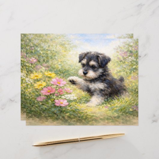 Schnauzer Puppy Springtime Flowers Scrapbook Paper (正面/裏面インサイチュ)