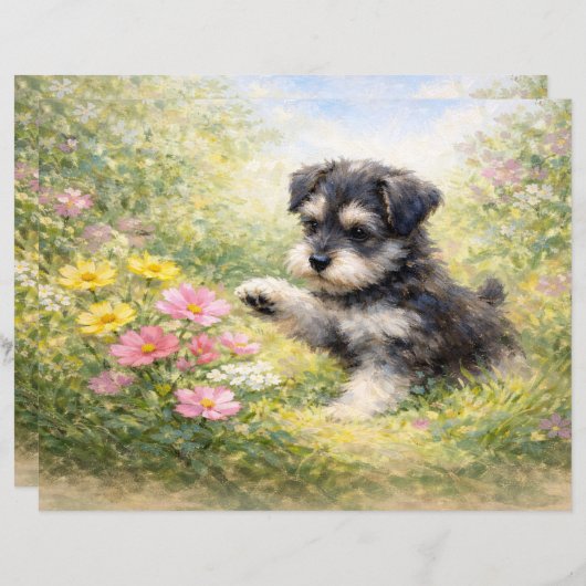 Schnauzer Puppy Springtime Flowers Scrapbook Paper (正面/裏面)