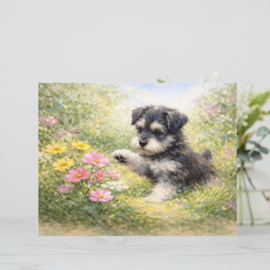 Schnauzer Puppy Springtime Flowers Scrapbook Paper (スタンド正面)