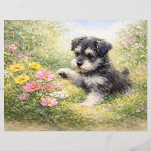 Schnauzer Puppy Springtime Flowers Scrapbook Paper (正面)
