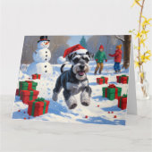 Schnauzer Running in Snow with Christmas Hat カード (黄色い花)