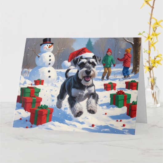Schnauzer Running in Snow with Christmas Hat カード (黄色い花)