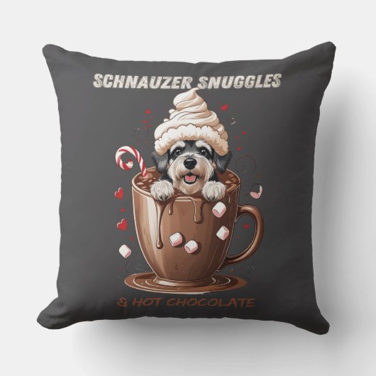 Schnauzer Snuggles & Hot Chocolate クッション (正面)